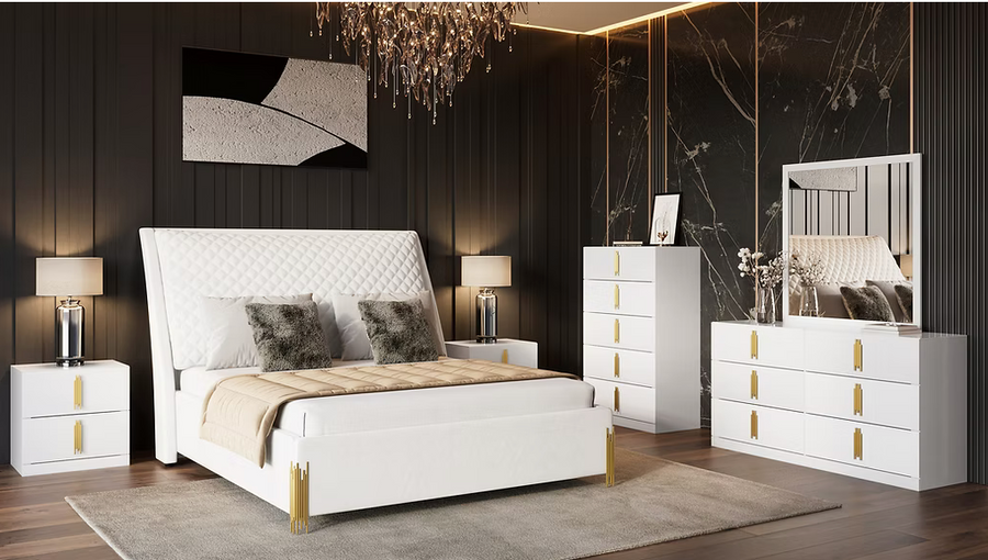 Glossy White & Gold 4 Piece Bed Set