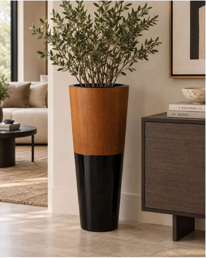 Wood Veneer & Black Fiberglass Floor Planter