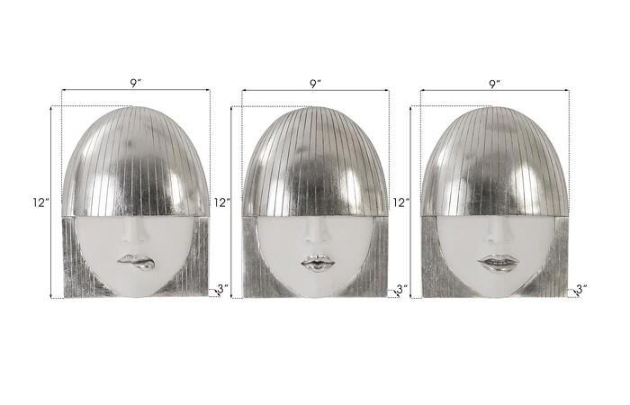 Fashion Faces Wall Art, Small, White and Silver Leaf, Set of 3