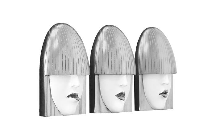 Fashion Faces Wall Art, Small, White and Silver Leaf, Set of 3