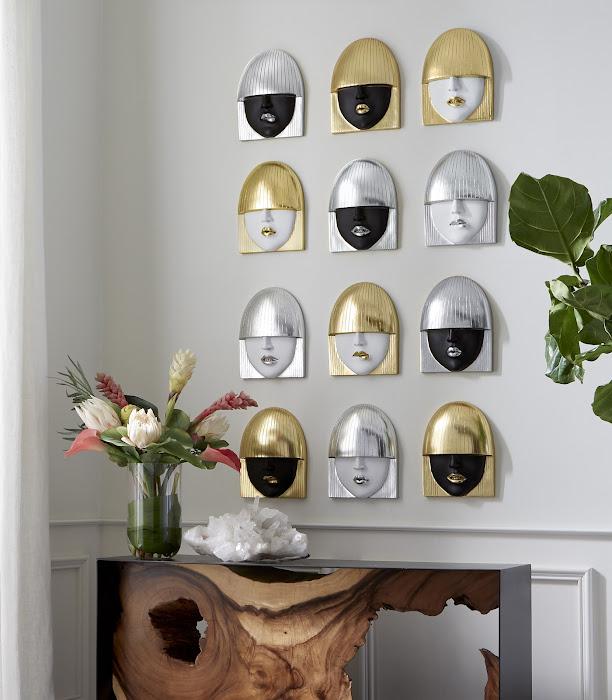 Fashion Faces Wall Art, Small, White and Gold Leaf, Set of 3